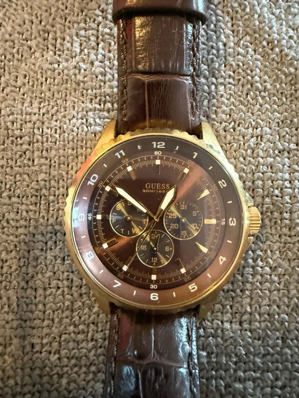Guess Gold-Tone Brown Multifunction Chronograph Watch with Leather Strap